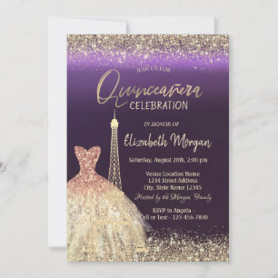 Eiffel Tower Confetti Dress Purple Quinceanera Invitation