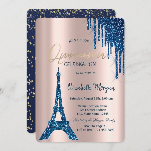  Eiffel Tower Confetti Drips Navy Blue Quinceañera Invitation (Front/Back)