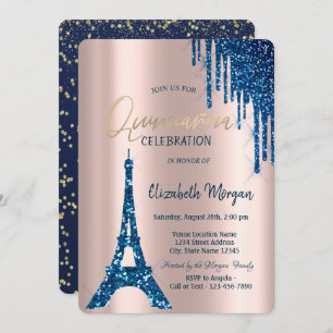  Eiffel Tower Confetti Drips Navy Blue Quinceañera Invitation