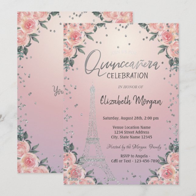 Eiffel Tower Diamonds Flowers Pink Quinceañera  Invitation (Front/Back)