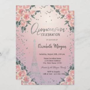 Eiffel Tower Diamonds Flowers Pink Quinceañera  Invitation