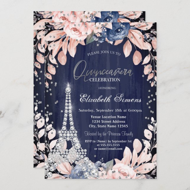 Eiffel Tower Diamonds Navy Blue Roses Quinceanera Invitation (Front/Back)