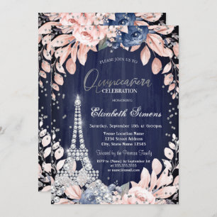 Eiffel Tower Diamonds Navy Blue Roses Quinceanera Invitation