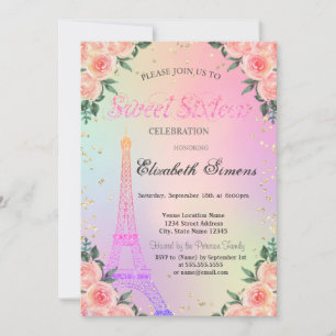Eiffel Tower Diamonds Roses Holographic Sweet 16 Invitation