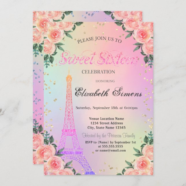Eiffel Tower Diamonds Roses Holographic Sweet 16 Invitation (Front/Back)