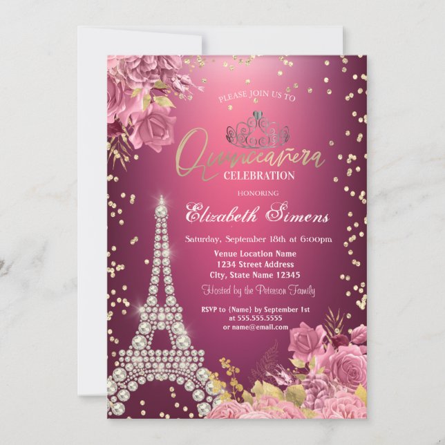 Eiffel Tower Diamonds Roses Red Quinceanera Invitation (Front)