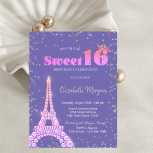 Eiffel Tower Diamonds Violet Sweet 16 Invitation