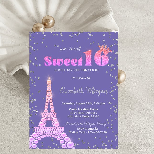  Eiffel Tower Diamonds Violet Sweet 16 Invitation (Creator Uploaded)