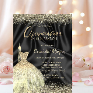 Eiffel Tower Dress Black Satin Quinceanera Invitation