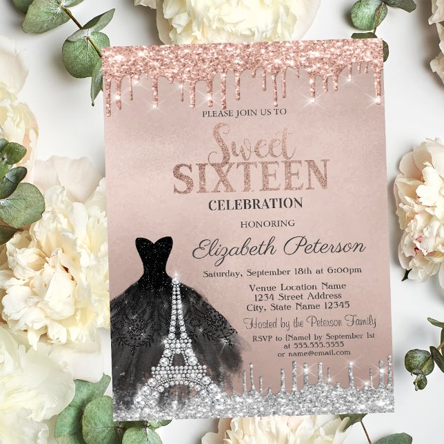Eiffel Tower Dress Glitter Drips Rose Gold  Invitation (Creator Uploaded)