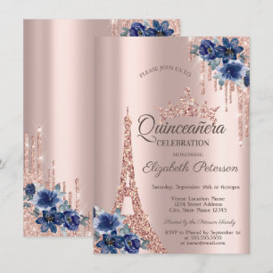  Eiffel Tower,Drips Blue Flowers Quinceañera   Invitation