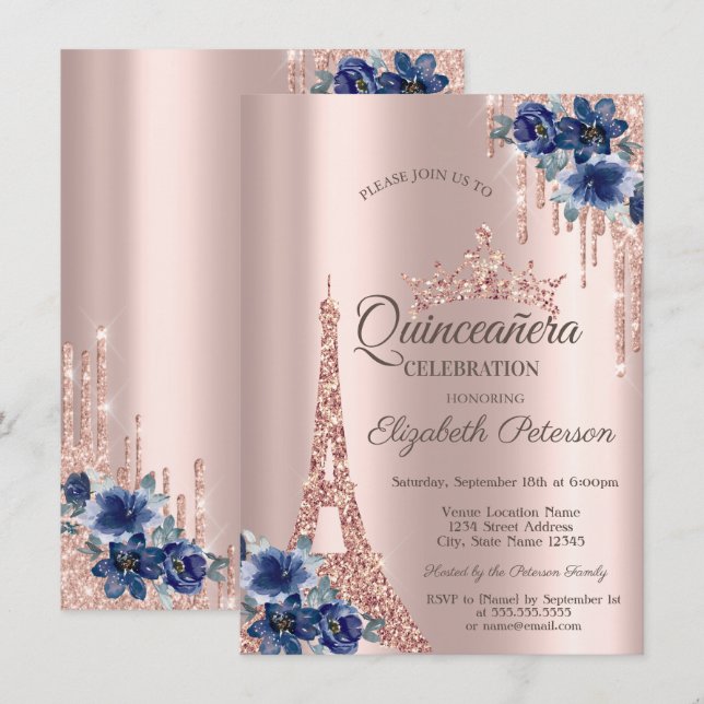  Eiffel Tower,Drips Blue Flowers Quinceañera   Invitation (Front/Back)
