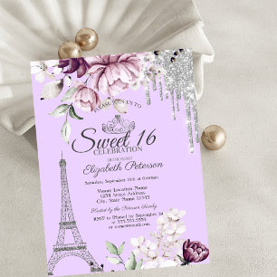 Eiffel Tower,Drips,Lilac Flowers Sweet 16   Invitation