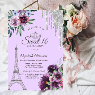 Eiffel Tower,Drips,Purple Flowers Sweet 16   Invitation