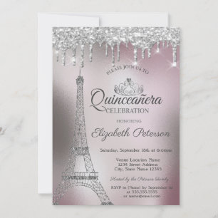 Eiffel Tower,Drips Rose Gold Metallic Quinceañera Invitation