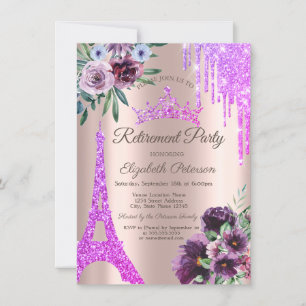  Eiffel Tower,Drips,Violet Flowers Retirement  Invitation