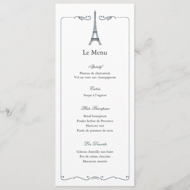 Eiffel Tower Elegant Wedding Menu Card French (Front)