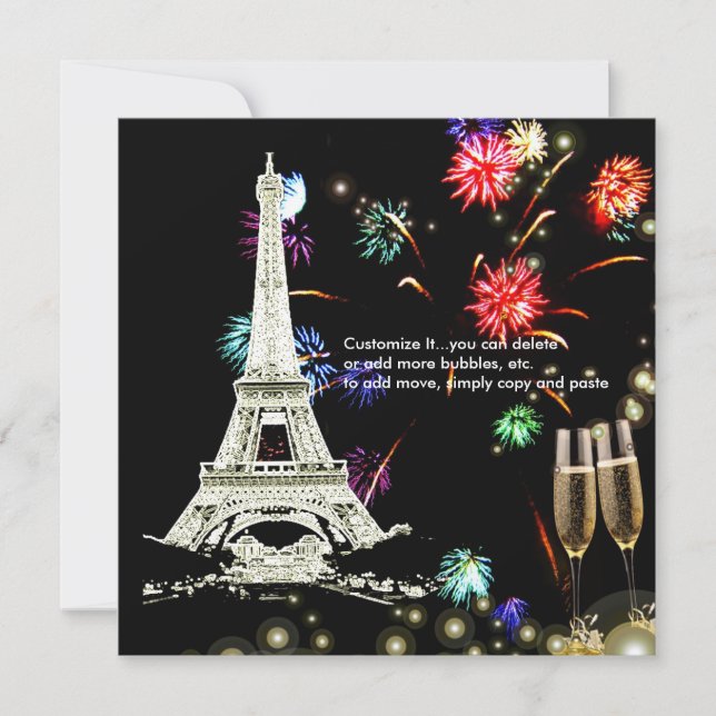 Eiffel Tower+fireworks champagne bubbles Invitation (Front)