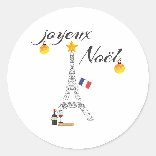 Eiffel Tower Flag of France Joyeux Noel Classic Round Sticker (Front)