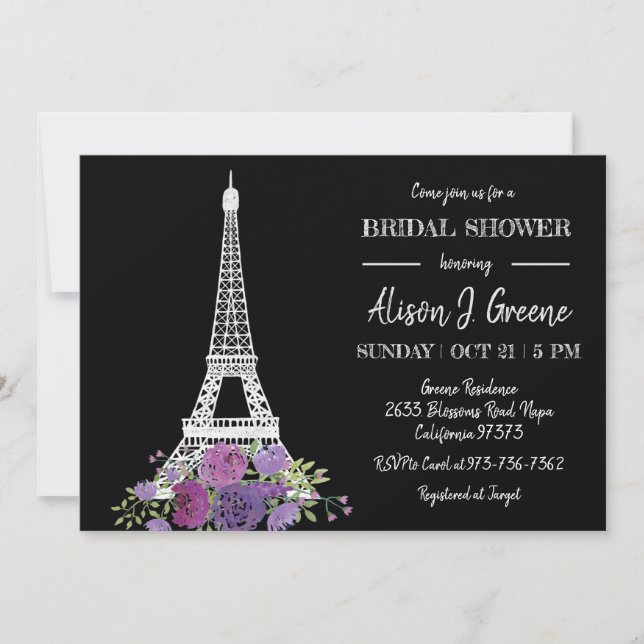 Eiffel Tower Floral Black and White Bridal Shower Invitation (Front)