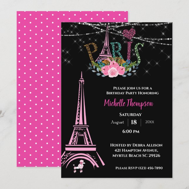 Eiffel Tower Floral Paris France  Birthday  Invitation (Front/Back)