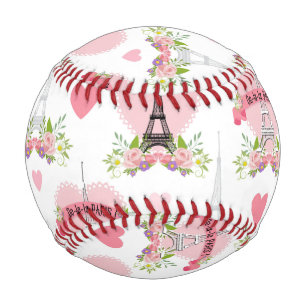 Eiffel Tower Flowers Pink Hearts Paris French Baseball