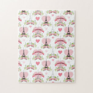 Eiffel Tower Flowers Pink Hearts Paris French Jigsaw Puzzle