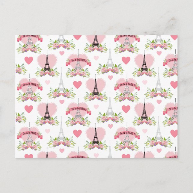 Eiffel Tower Flowers Pink Hearts Paris French Postcard (Front)