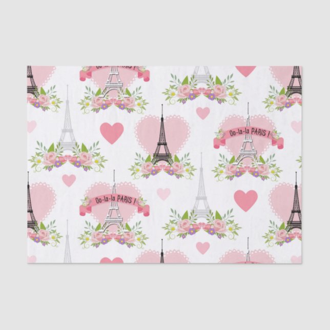 Eiffel Tower Flowers Pink Hearts Paris French Tissue Paper (Front)