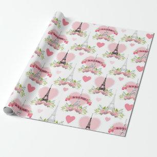 Eiffel Tower Flowers Pink Hearts Paris French Wrapping Paper