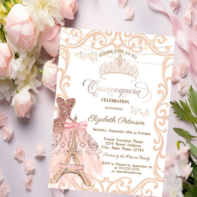 Eiffel Tower Frame Dress Butterfly Metallic Invitation (Creator Uploaded)
