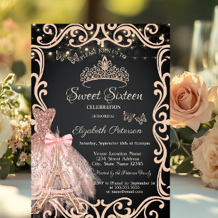 Eiffel Tower Frame Dress Glitter Butterfly Invitation