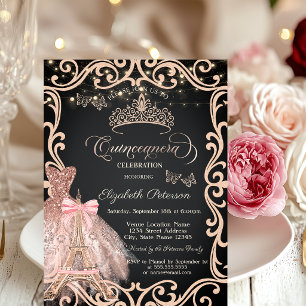 Eiffel Tower Frame Dress Glitter Butterfly Invitation