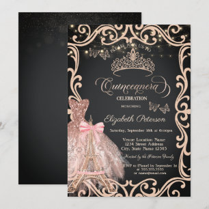 Eiffel Tower Frame Dress Glitter Butterfly  Invitation