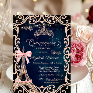 Eiffel Tower Frame Glitter Butterfly Blue  Invitation