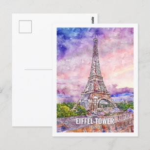 Eiffel Tower France Travel Place Watercolor Postcard