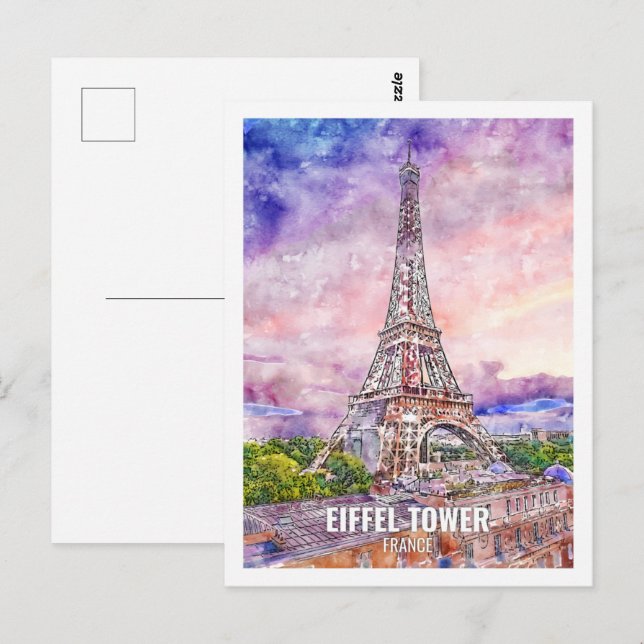 Eiffel Tower France Travel Place Watercolor Postcard (Front/Back)