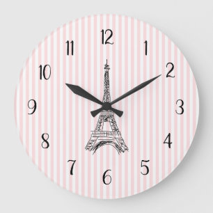 Eiffel Tower French Country Pink Stripe Large Clock