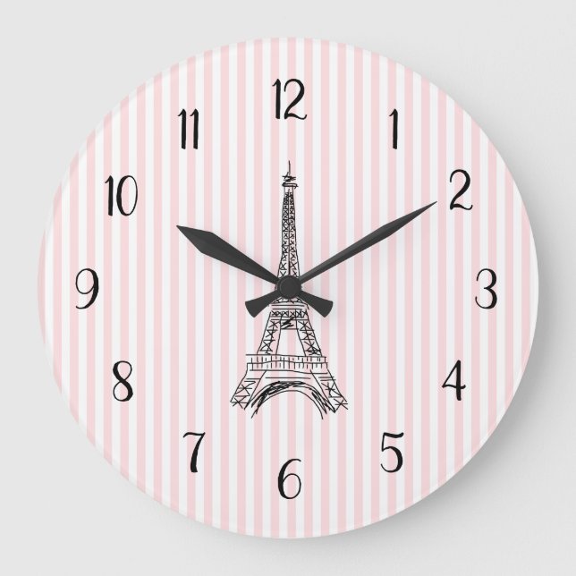 Eiffel Tower French Country Pink Stripe Large Clock (Front)