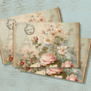 Eiffel Tower French Vintage Floral Pink Decoupage Tissue Paper
