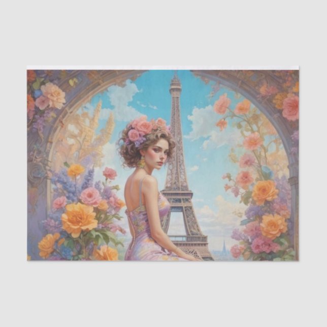 Eiffel Tower French Woman Floral Decoupage Paper  (Front)