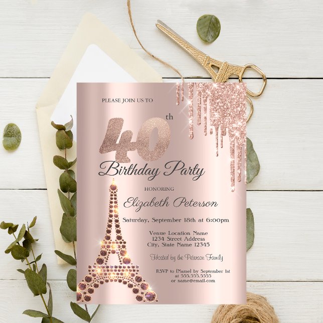 Eiffel Tower Glitter Drips Paris 40th Birthday  Invitation (Creator Uploaded)