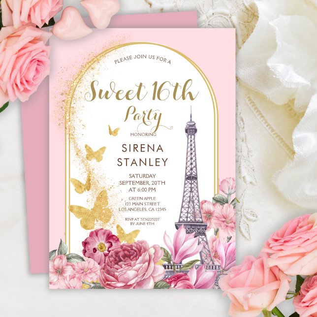 Eiffel Tower Glitters & Flowers Girly Sweet 16 Invitation (Creator Uploaded)