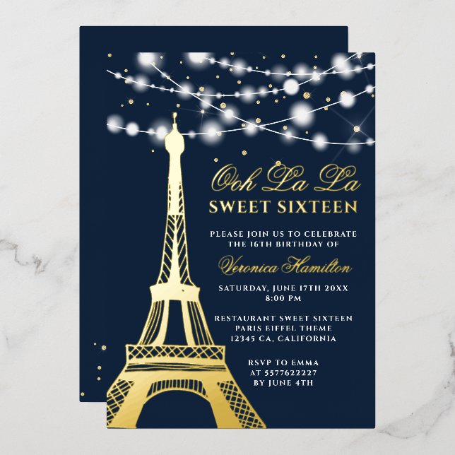 Eiffel tower gold glitter lights blue Sweet 16 (Front/Back)