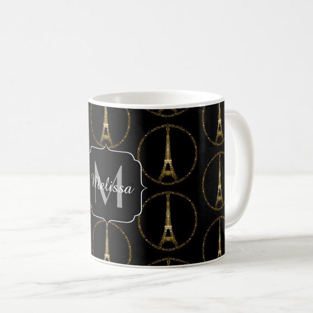Eiffel Tower gold glitter sparkle pattern Monogram Coffee Mug (Front Right)
