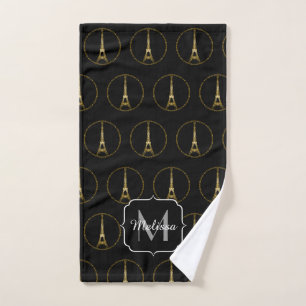 Eiffel Tower gold glitter sparkles black Monogram Bath Towel Set