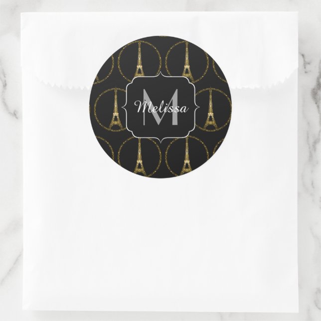 Eiffel Tower gold glitter sparkles Black Monogram Classic Round Sticker (Bag)