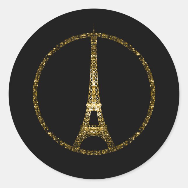 Eiffel Tower gold glitter sparkles on Black Classic Round Sticker (Front)