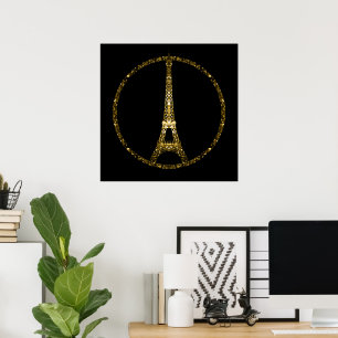 Eiffel Tower gold glitter sparkles on Black Poster