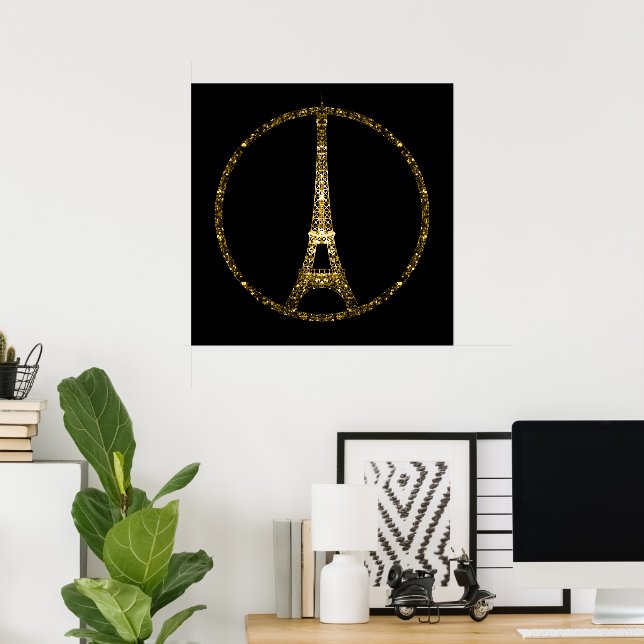 Eiffel Tower gold glitter sparkles on Black Poster (Home Office)